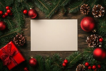 Christmas flat lay background with fir tree branch, present box and red decorations. Free space for design.