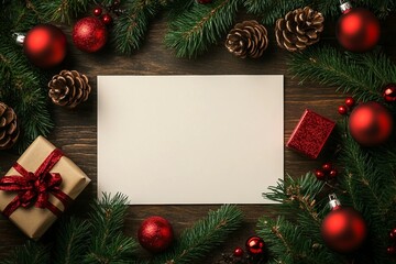 Christmas flat lay background with fir tree branch, present box and red decorations. Free space for design.