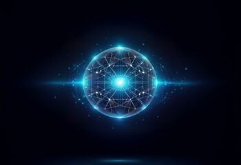Obraz premium A glowing blue sphere composed of interconnected lines and points on a dark background.