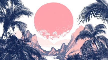 A stylized landscape with palm trees framing a large pink sun over a mountain range.
