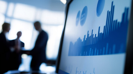 A close-up of a corporate presentation slide projected on a screen, focusing on detailed graphs and data analysis, with business professionals engaged in discussion in the background.
