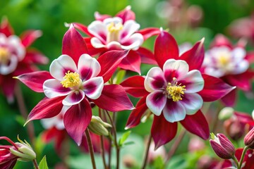Close-up of Aquilegia vulgaris columbine winky double red white plants with flowers