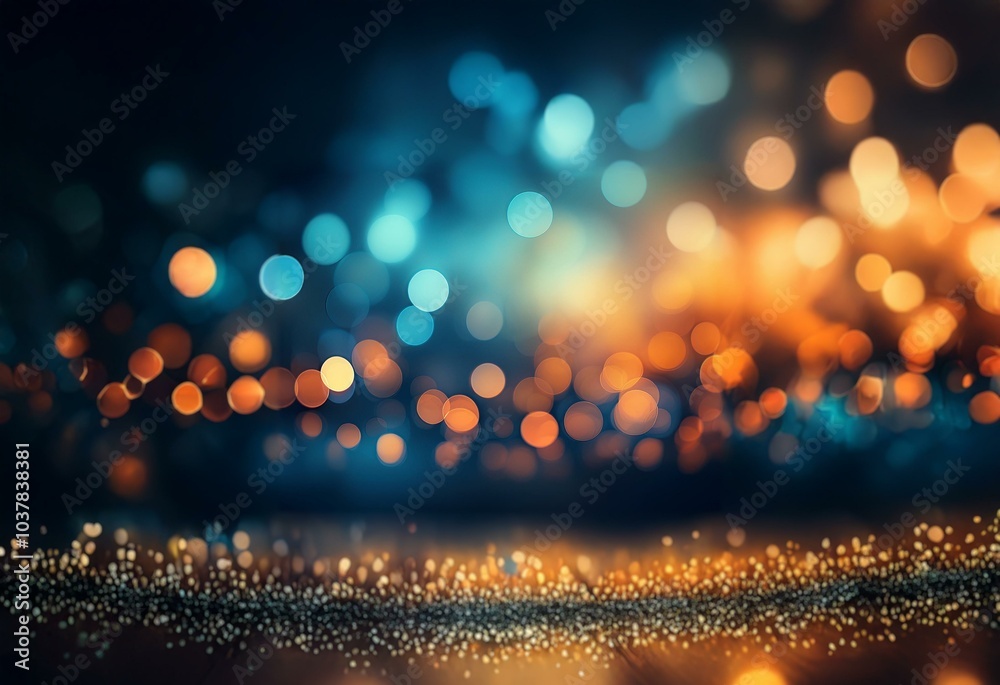 Poster Abstract background with defocused blue and orange lights in the distance, with a shallow depth of field and a layer of glitter in the foreground.