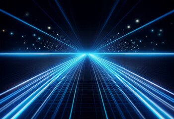 Obraz premium A futuristic abstract of a gridded highway, with glowing blue lines receding into the distance and tiny, blurred lights in the background.