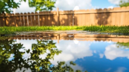Fototapeta premium Backyard with standing water reflecting the surrounding trees and sky, capturing the serene beauty of nature's reflection and the tranquility of a still moment.