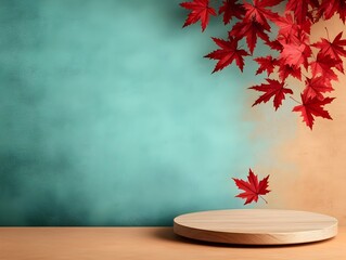 Minimalist Wooden Round Podium on a Table with Hanging Red Maple Leaves Set Against an Ochre and Teal Colored Background in a Clean Studio Lighting Setup with Soft Warm Tones