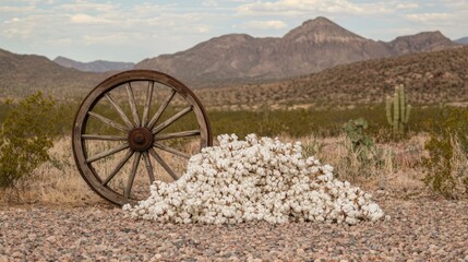 Fototapeta premium Rustic Scene with Cotton and Old Wagon Wheel