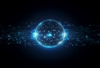 Obraz premium A glowing blue sphere with a web of lines and dots on a dark blue background.