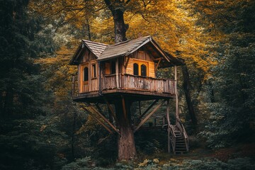 A charming old wooden house nestled in a vibrant autumn forest surrounded by colorful foliage, with a peaceful garden and a small bridge nearby