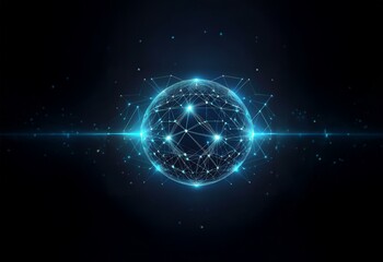 Obraz premium A glowing blue sphere composed of connected lines and dots against a dark background.