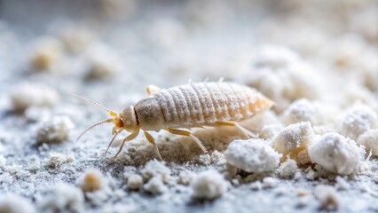 Close-up of Booklice or barklice in white flour, Psocoptera insects with selective focus