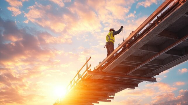 Artistic rendering of a bridge under construction at sunset