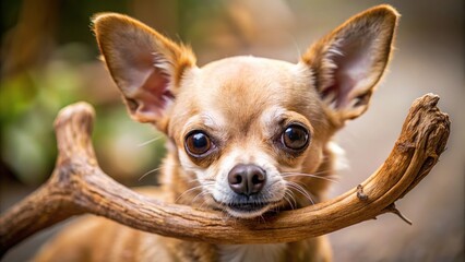 Closeup of brown chihuahua chewing on deer antler, selective focus on paw