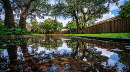 Backyard with standing water reflecting the surrounding trees and sky, capturing the serene beauty of nature's reflection and the tranquility of a still moment.