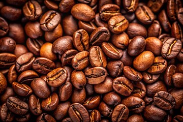 Obraz premium Closeup of brown roasted coffee beans reflected on dark background