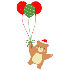Cute Christmas bear in Christmas hat and swing Christmas balloon cartoon bear illustration for Christmas season and winter festive decorations