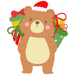 Cute Christmas bear in Christmas hat and hide gifts behind its back cartoon bear illustration for Christmas season and winter festive decorations