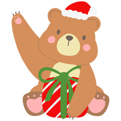 Cute Christmas bear in Christmas hat is hugging a gift and waving  cartoon bear illustration for Christmas season and winter festive decorations