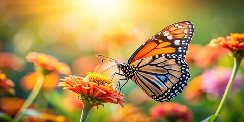 Obraz premium Close-up of butterfly on flower with beautiful depth of field in the morning sunlight