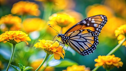 Fototapeta premium Close-up of butterfly sitting on yellow flower in garden with selective focus