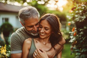 Fototapeta premium Couple, A middle-aged couple shares a warm embrace in a sunlit garden, radiating happiness and love. The greenery and soft golden light enhance the intimate moment between them.