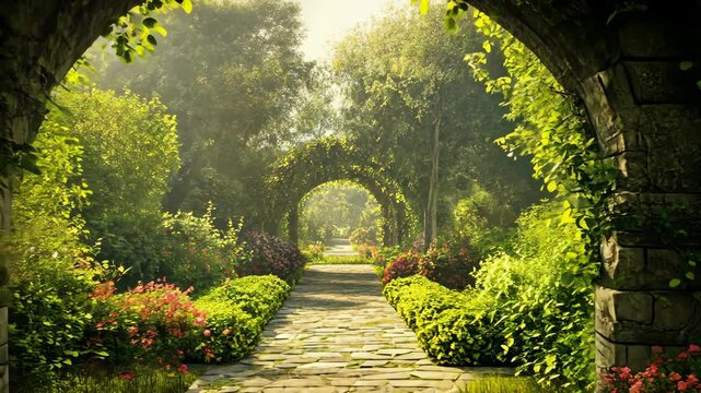 A stone pathway leads through a lush garden, framed by archways covered in greenery