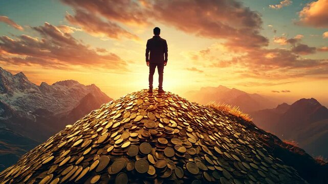 A lone figure stands atop a mountain of coins, overlooking a breathtaking sunset over the mountains