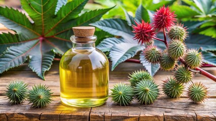 Close-up of castor bean plant Ricinus Communis with bottle of castor oil