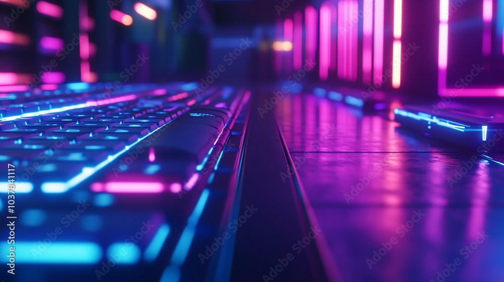 Poster a close-up of a futuristic gaming keyboard with neon lights.