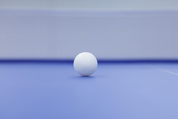 A white ping pong ball is placed on a ping pong table. A white ping pong ball with blurred background.
