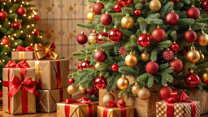 Close-Up of Christmas tree and presents decorated with red and gold ornaments and ribbons