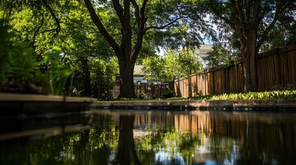 Backyard with standing water reflecting the surrounding trees and sky, capturing the serene beauty of nature's reflection and the tranquility of a still moment.