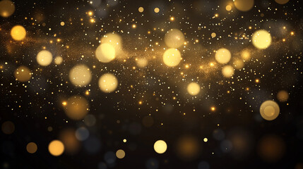 Fototapeta premium Abstract dark background with sparkling golden bokeh lights and glitter dust particles, banner. AI generation.