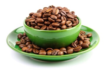 Fototapeta premium Close-up of coffee beans on green saucer on white background