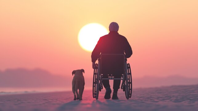 Elderly Man and Dog at Sunset on Beach