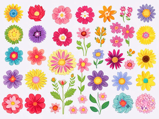 A charming set of colorful flower stickers, separated on a soft light background