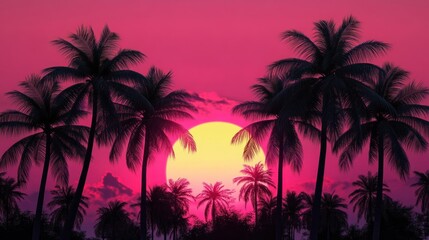 Silhouettes of palm trees against a vibrant pink sunset sky.
