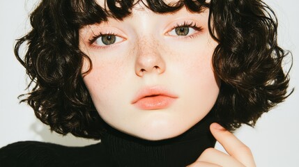 Fototapeta premium A young woman with curly dark brown hair rests her chin on her hand, her eyes distant and filled with sadness, with her lips pressed tightly together against a white background.