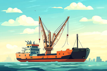 Fototapeta premium A large crane ship operates on water, showcasing its industrial capabilities against a scenic backdrop.