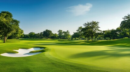 A serene golf course with manicured greens and sand traps, expansive outdoor setting with clear skies, Minimalist style