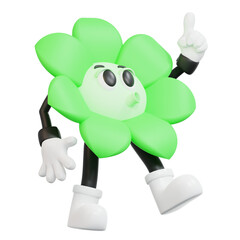 3d Green flower retro character with black limbs, white shoes, and pointing gesture. Perfect for naturethemed designs, childrens books, and environmental campaigns.