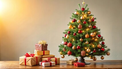 Close-up of decorated Christmas tree with gifts on table