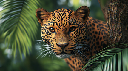 Fototapeta premium A captivating close-up of a leopard peering through lush green foliage, showcasing its striking spots and intense gaze.