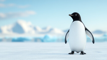 Naklejka premium A charming penguin standing on icy terrain, showcasing its black and white feathers against a serene blue backdrop of the Arctic landscape.