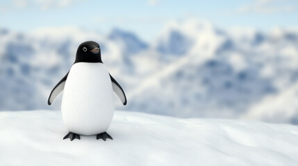 Obraz premium A charming penguin standing on a snowy landscape, surrounded by mountains, showcasing its unique features and playful demeanor.