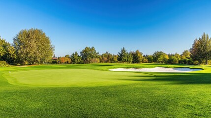 Obraz premium A serene golf course with manicured greens and sand traps, expansive outdoor setting with clear skies, Minimalist style