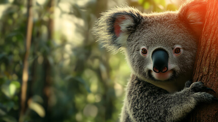 Obraz premium A close-up of a koala bear resting on a tree, showcasing its large nose and inquisitive expression, surrounded by lush greenery.