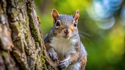 Fototapeta premium Close-up of Eastern Gray Squirrel at the base of a tree from a low angle