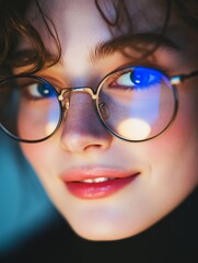 A cinematic portrait of a young adult wearing glasses, smiling confidently while looking at a laptop screen, with blue light from the screen reflecting on their glasses and a calm focused expression.