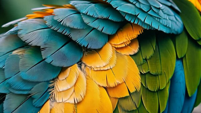 A close-up view of a parrot's feathers, showcasing the vibrant blue, green, and yellow hues